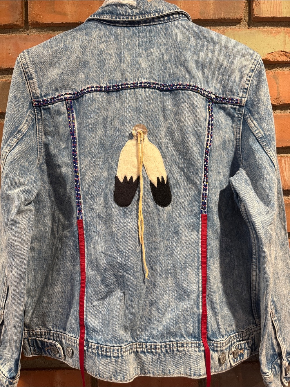 Vintage 09 Old Navy Distressed Jean Jacket Southwest Native embellishments.